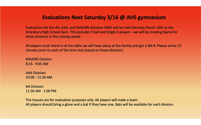 Evaluations Saturday 3/16 @ AHS