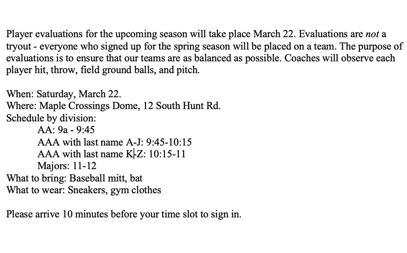 Evaluations Saturday March 22nd for AA/AAA/Majors only